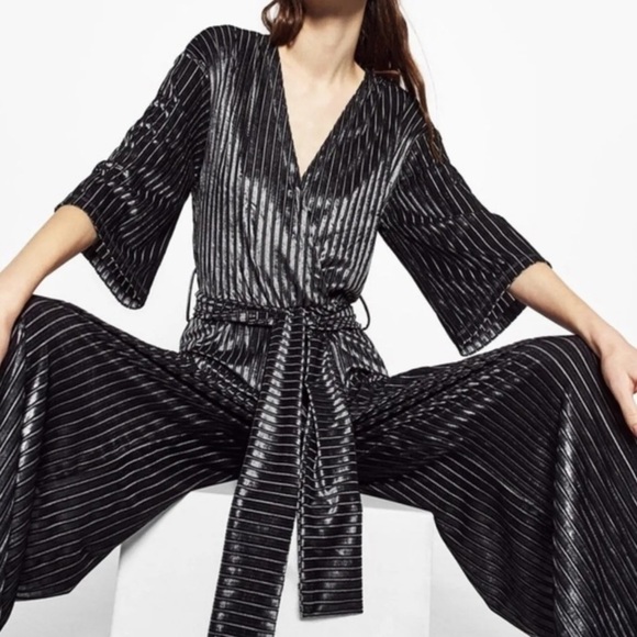 Women’s ZARA metallic ribbed velour wide legs and‎ sleeves Jumpsuit Sz small - Picture 12 of 13